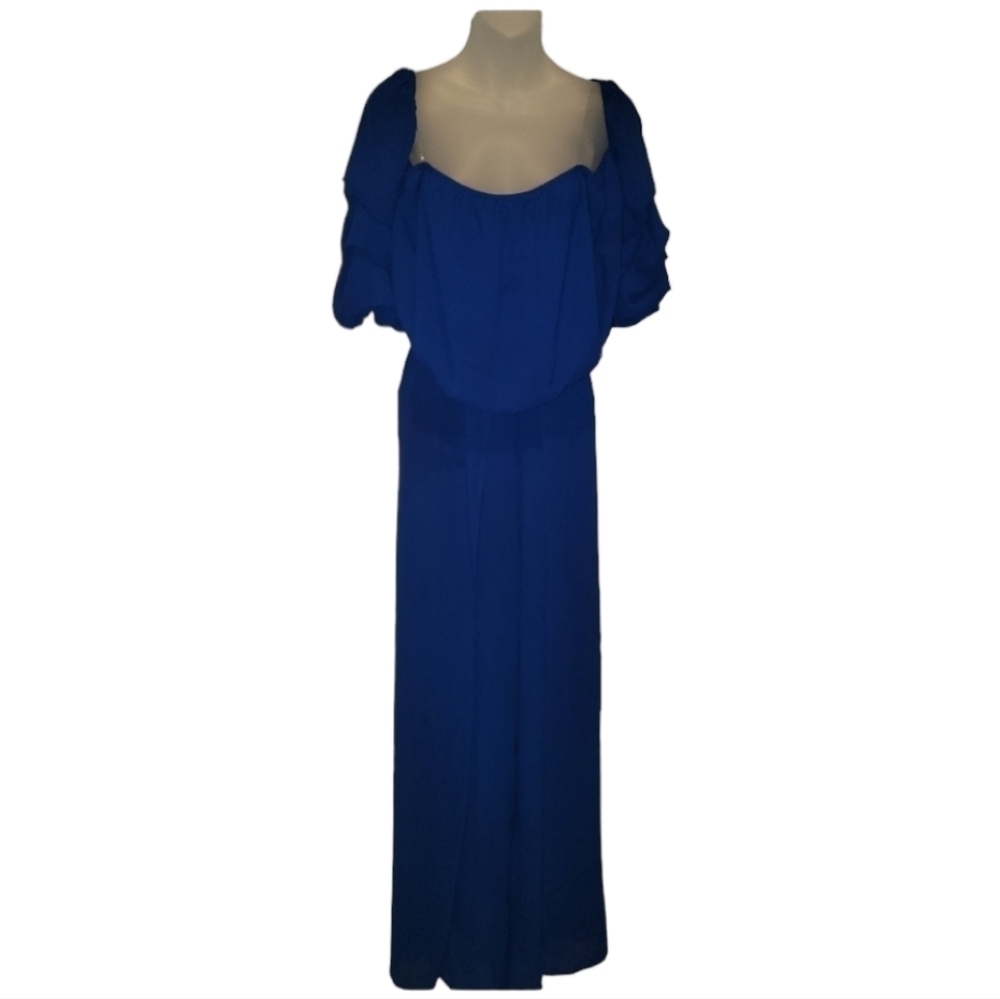 F2F, Women's Goddess Blue Off Shoulder Puff Sleeve Top Split& Leg Pantset, Sz 1X